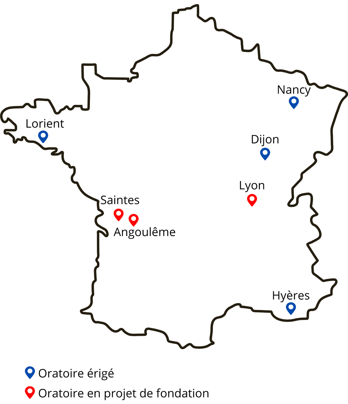 Carte de France des Oratoires érigés (Nancy, Dijon, Hyères, Lorient) et des Oratoires en projet de fondation (Angoulême, Saintes, Lyon).