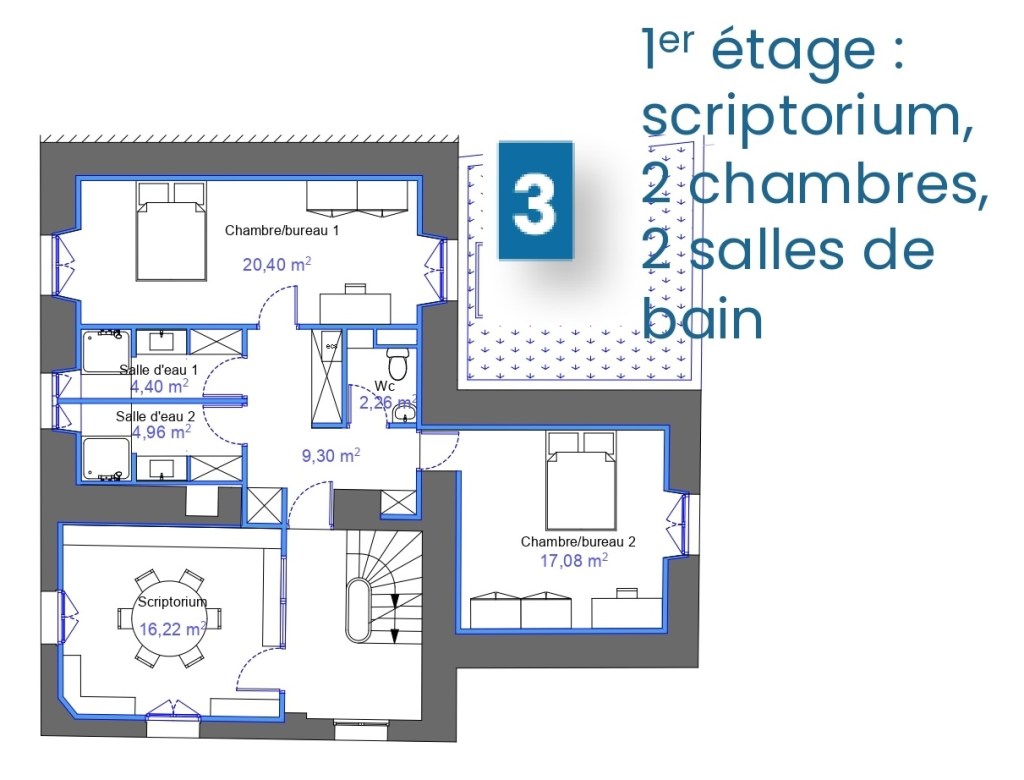 Plan 3 : 1er étage — scriptorium, 2 chambres, 2 salles de bain.