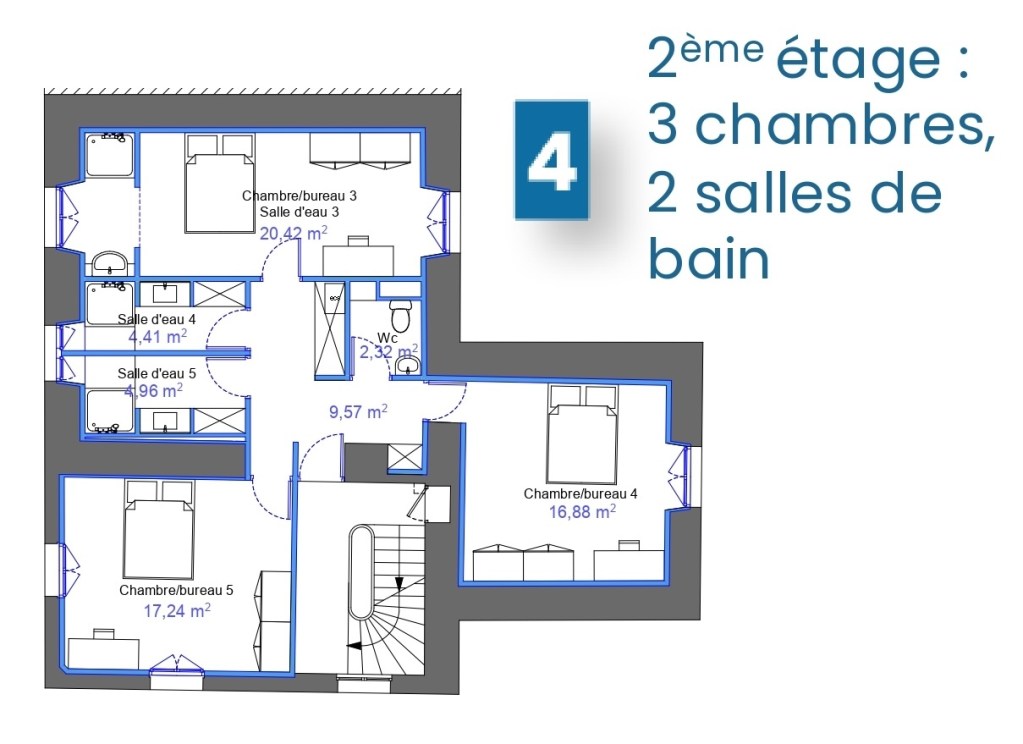 Plan 4 : 2ᵉ étage — 3 chambres, 2 salles de bain.