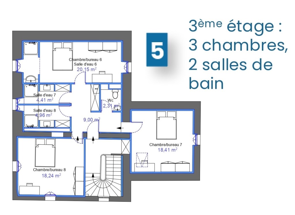 Plan 5 : 3ᵉ étage — 3 chambres, 2 salles de bain.