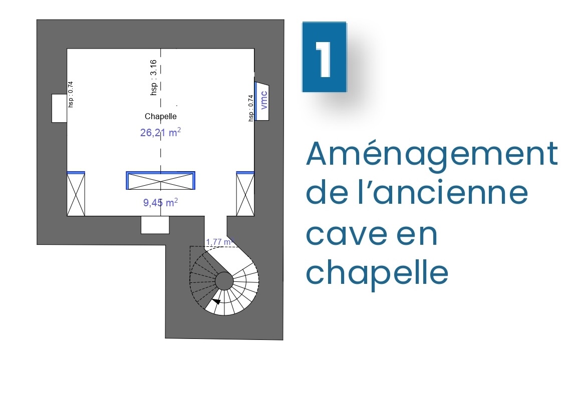 Plan 1 : aménagement de l'ancienne cave en chapelle.