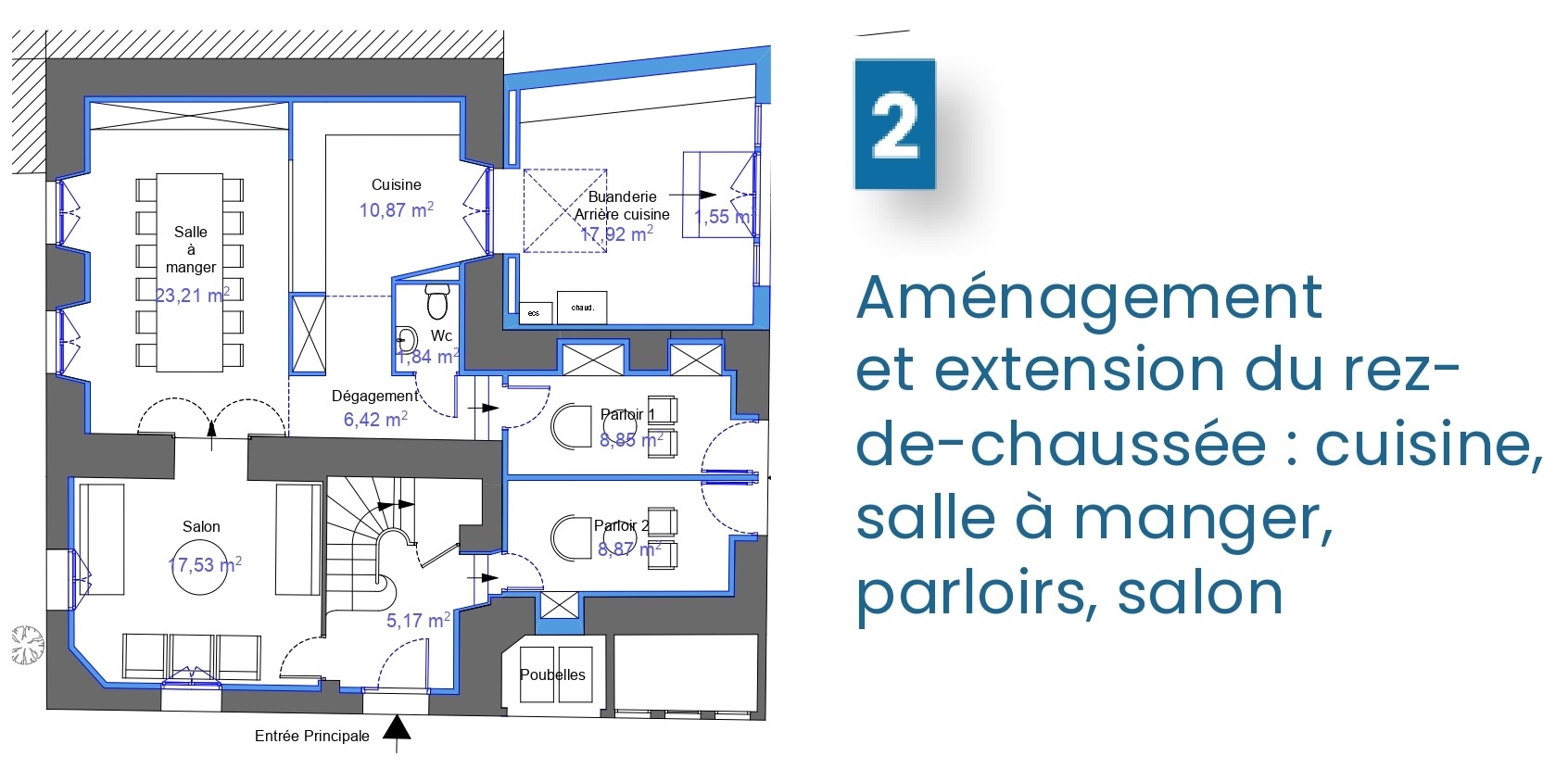 Plan 2 : aménagement et extension du rez-de-chaussée (cuisine, salle à manger, parloirs, salon).